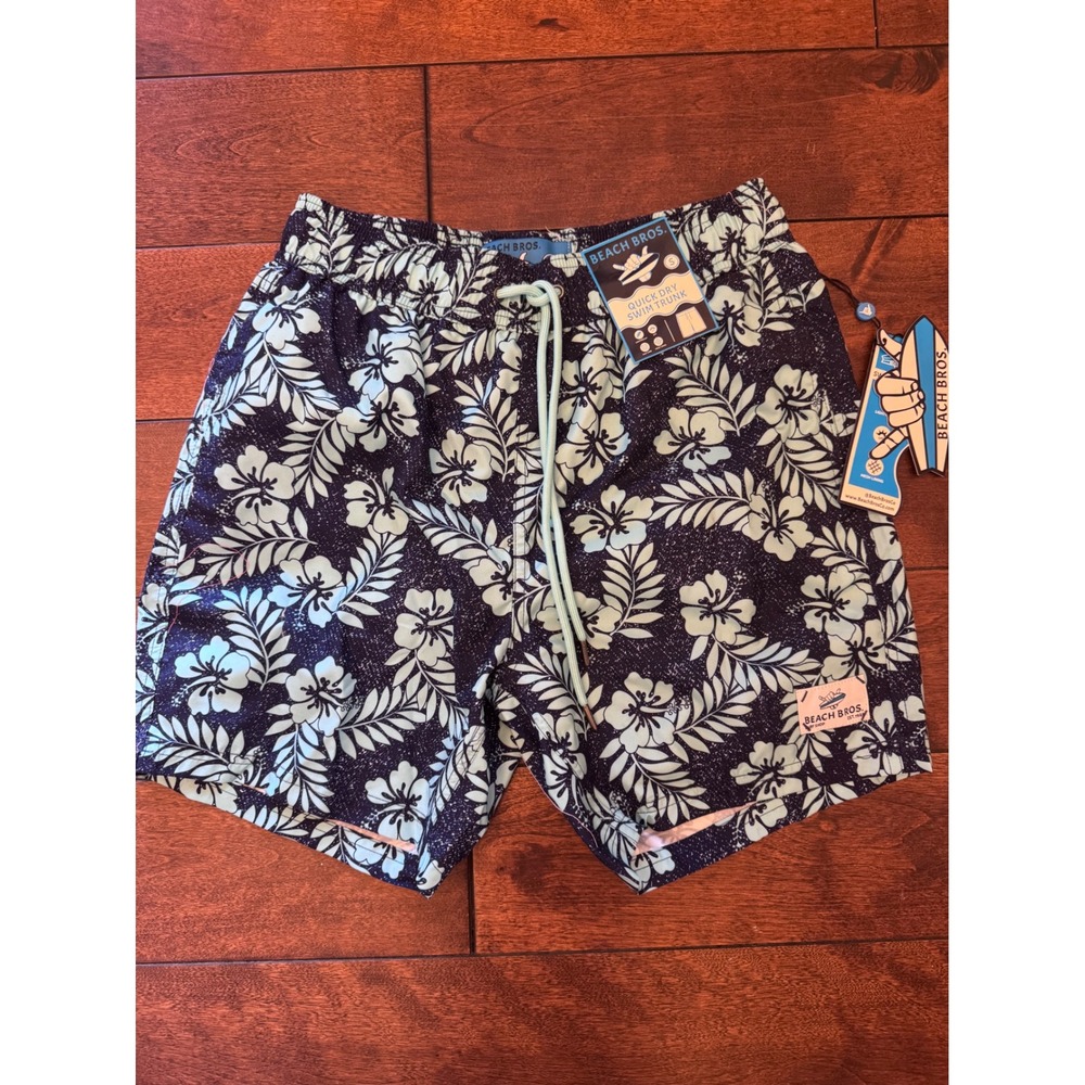 Beach Bros Mens Navy Blue Floral Quick Dry Swim Trunks Hibiscus Print Small NWT
